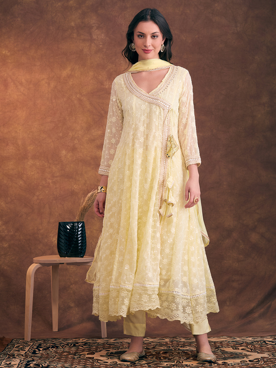 Solid Floral Chikankari Embroidered Anarkali Flared Kurta with Pant and Dupatta - Light Yellow