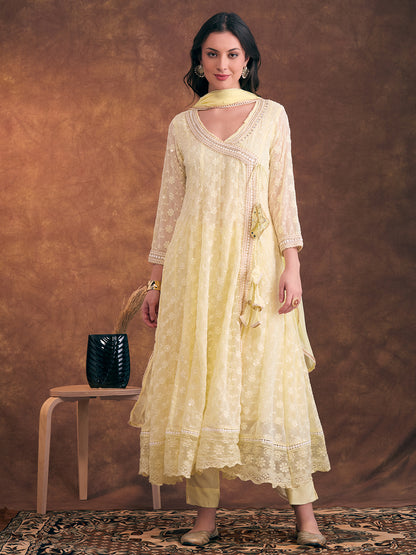 Solid Floral Chikankari Embroidered Anarkali Flared Kurta with Pant and Dupatta - Light Yellow