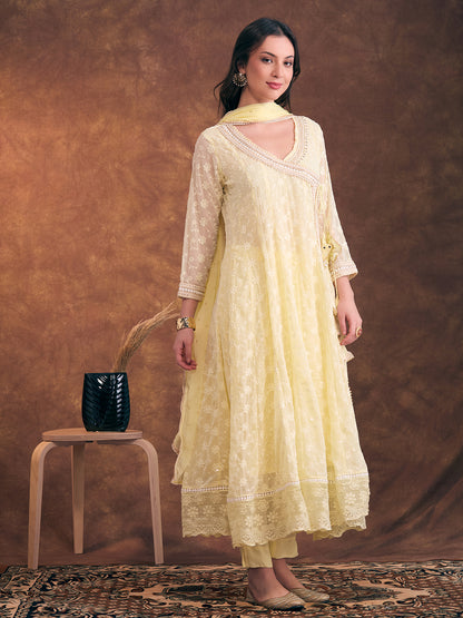 Solid Floral Chikankari Embroidered Anarkali Flared Kurta with Pant and Dupatta - Light Yellow