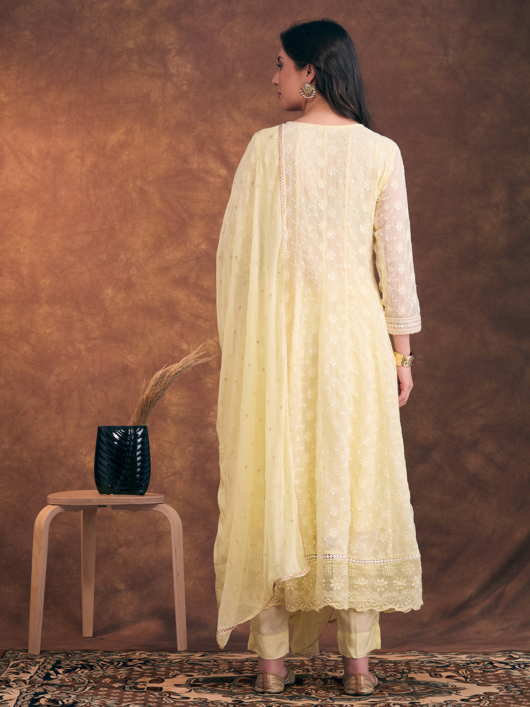 Solid Floral Chikankari Embroidered Anarkali Flared Kurta with Pant and Dupatta - Light Yellow