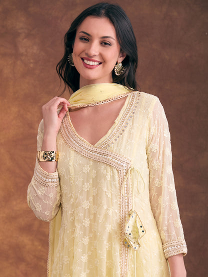 Solid Floral Chikankari Embroidered Anarkali Flared Kurta with Pant and Dupatta - Light Yellow