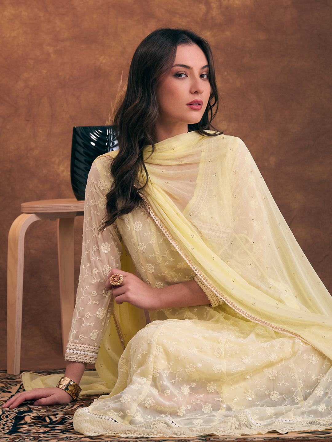 Solid Floral Chikankari Embroidered Anarkali Flared Kurta with Pant and Dupatta - Light Yellow