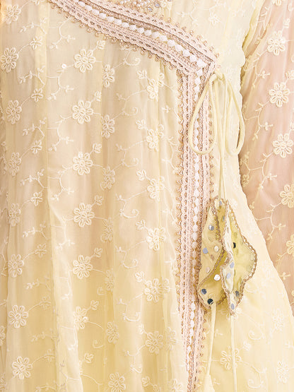 Solid Floral Chikankari Embroidered Anarkali Flared Kurta with Pant and Dupatta - Light Yellow
