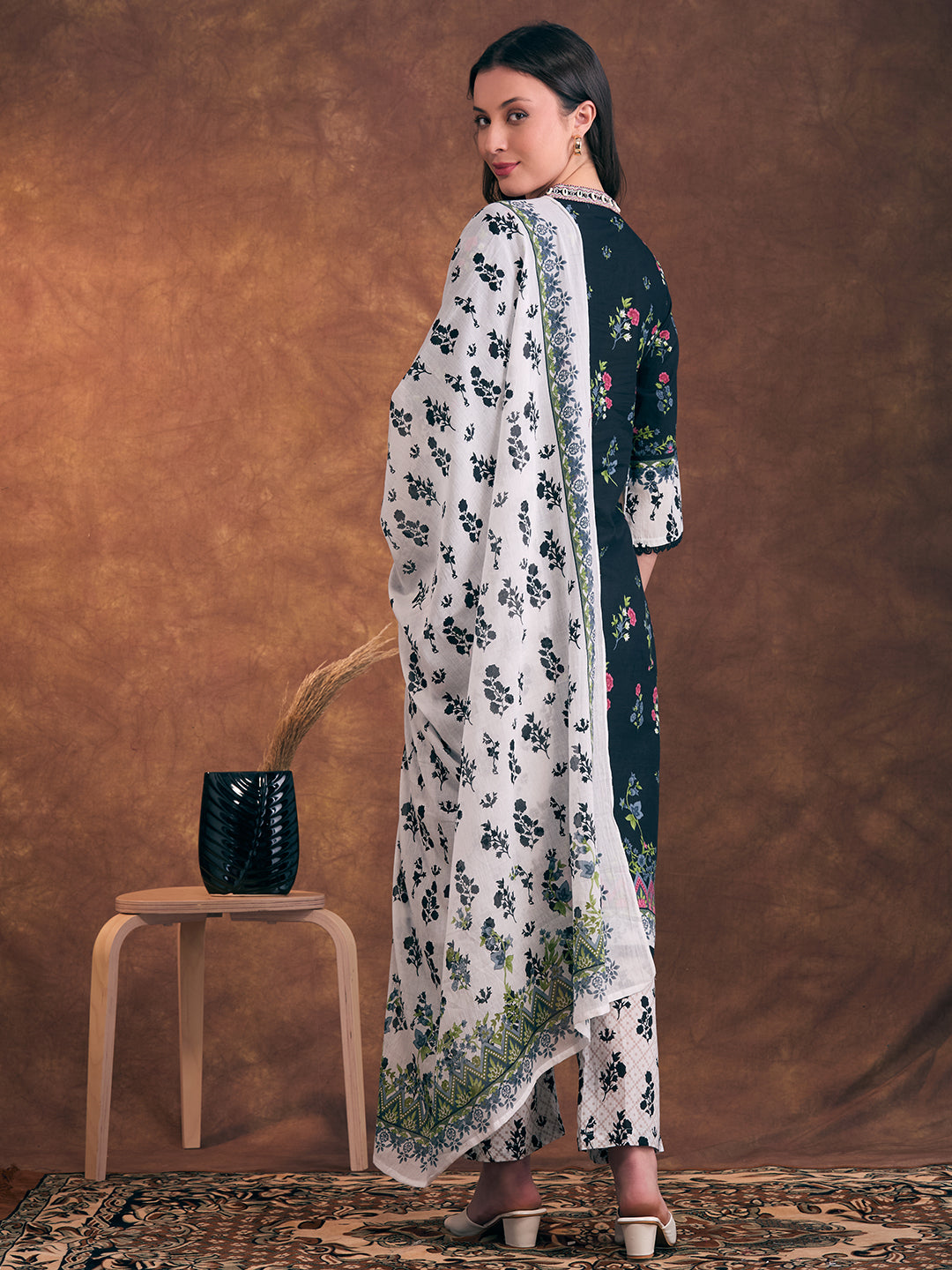 Ethnic Floral Printed & Embroidered A-Line Kurta with Palazzo & Dupatta - Black