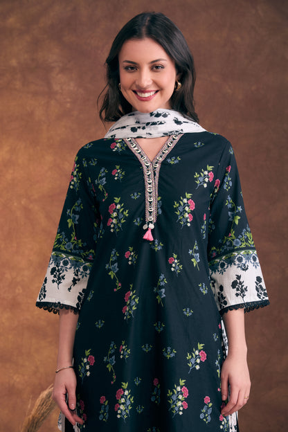 Ethnic Floral Printed & Embroidered A-Line Kurta with Palazzo & Dupatta - Black