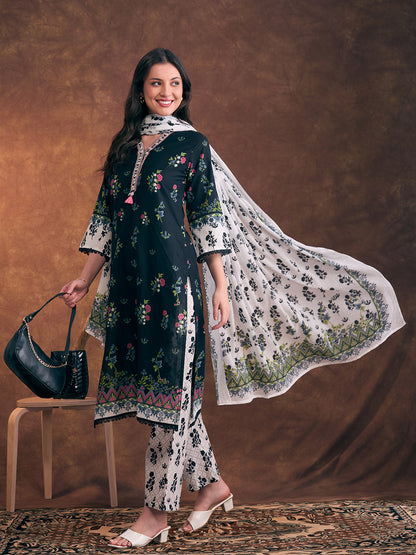 Ethnic Floral Printed & Embroidered A-Line Kurta with Palazzo & Dupatta - Black