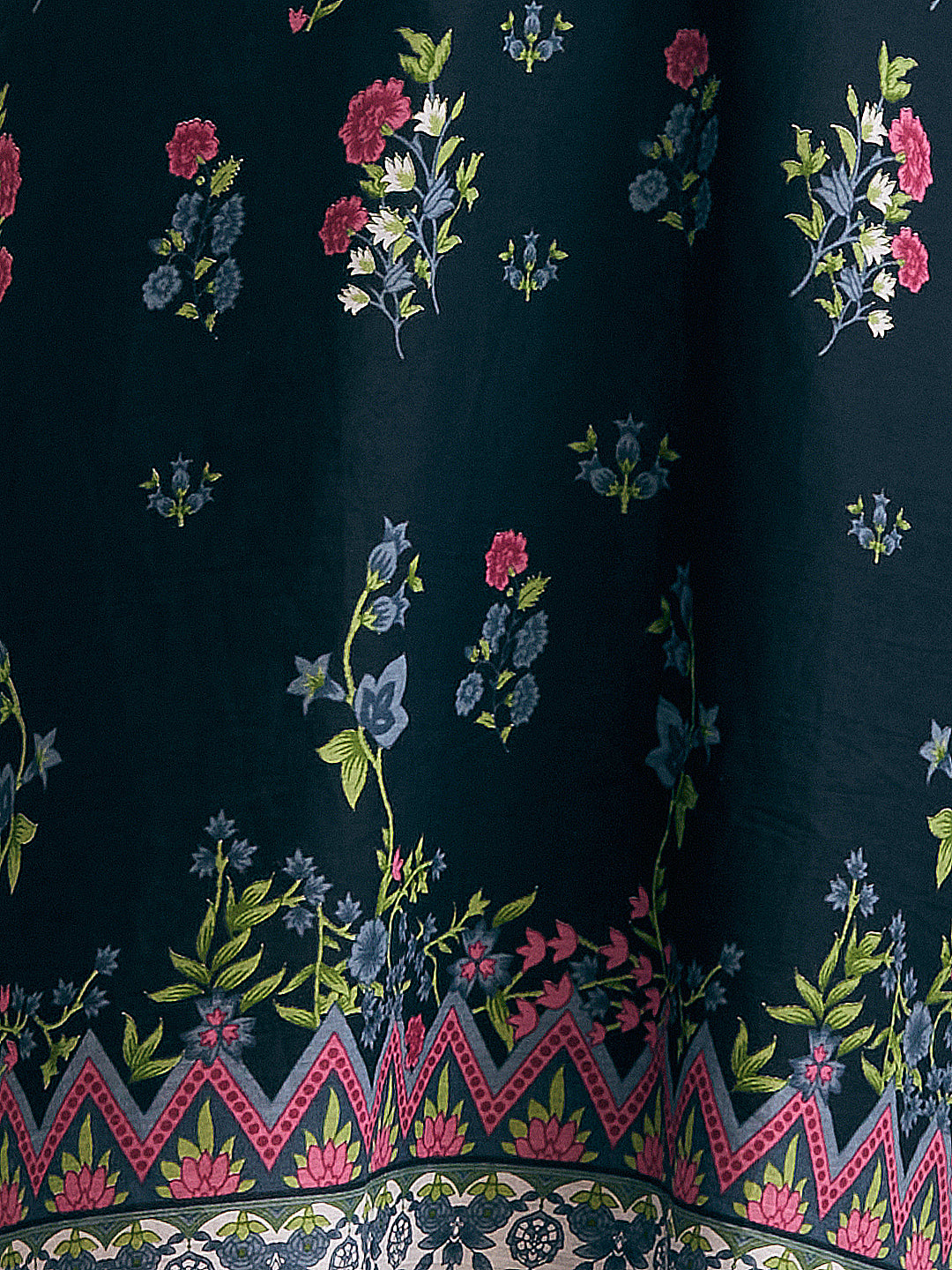 Ethnic Floral Printed & Embroidered A-Line Kurta with Palazzo & Dupatta - Black