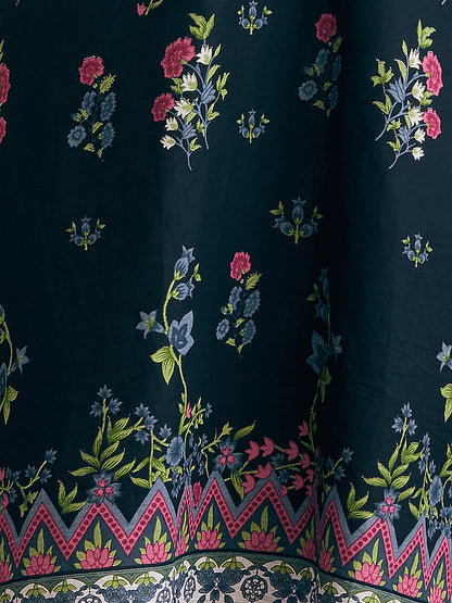 Ethnic Floral Printed & Embroidered A-Line Kurta with Palazzo & Dupatta - Black