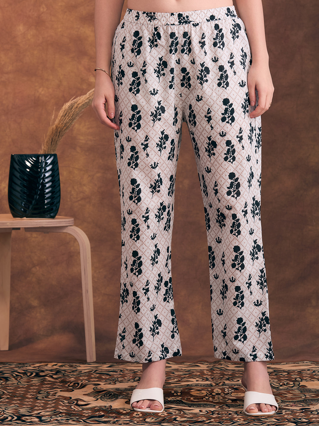 Ethnic Floral Printed & Embroidered A-Line Kurta with Palazzo & Dupatta - Black