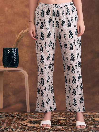 Ethnic Floral Printed & Embroidered A-Line Kurta with Palazzo & Dupatta - Black