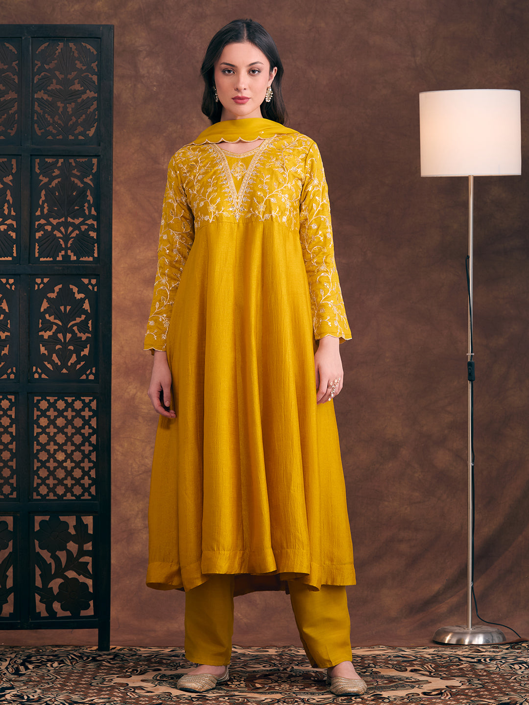 Solid Sequin Floral Embroidered Anarkali Kurta with Pant & Dupatta - Mustard