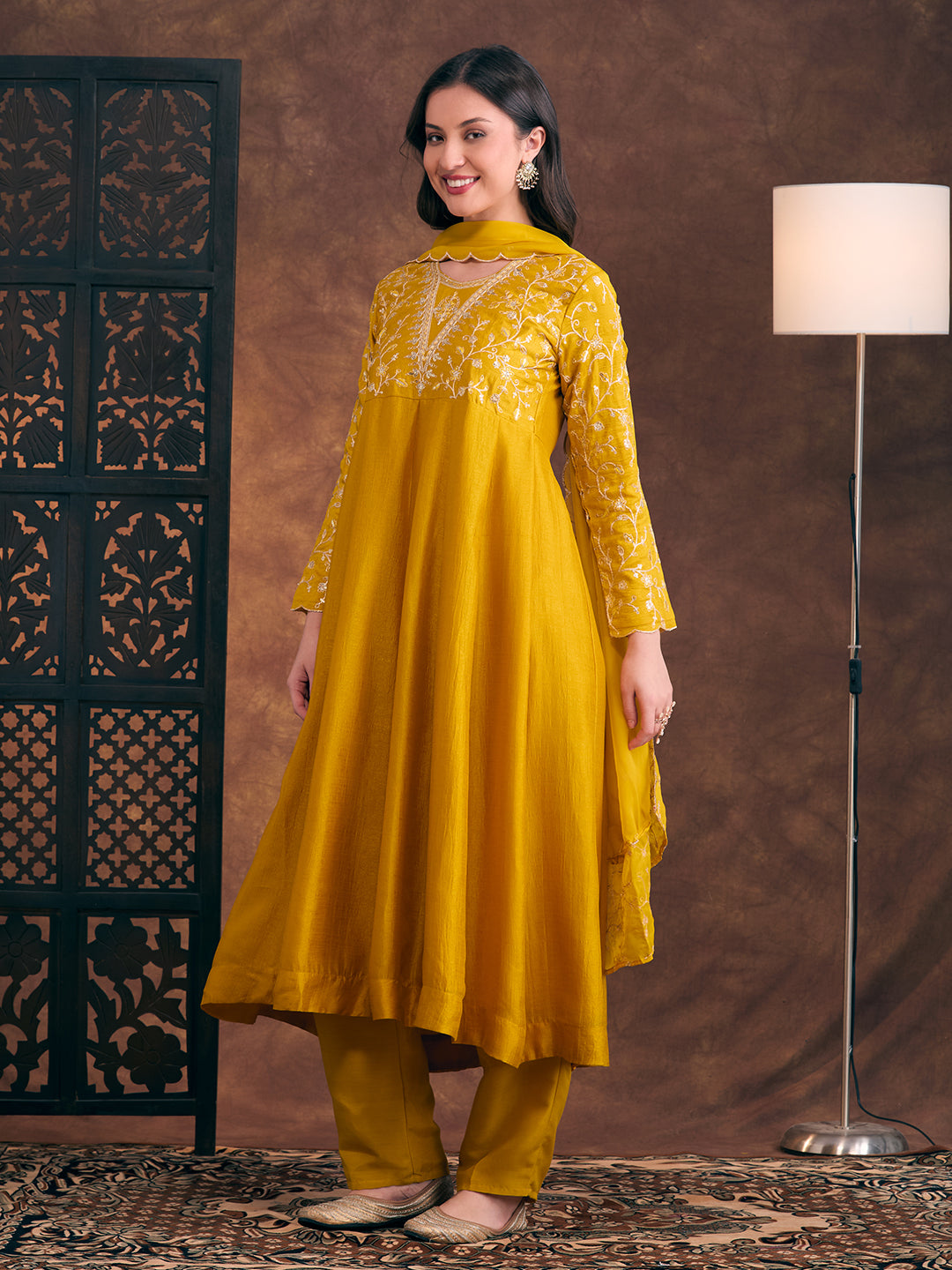 Solid Sequin Floral Embroidered Anarkali Kurta with Pant & Dupatta - Mustard