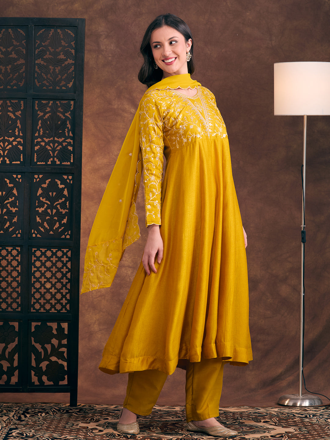 Solid Sequin Floral Embroidered Anarkali Kurta with Pant & Dupatta - Mustard