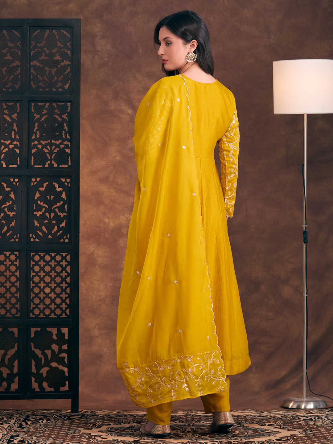 Solid Sequin Floral Embroidered Anarkali Kurta with Pant & Dupatta - Mustard