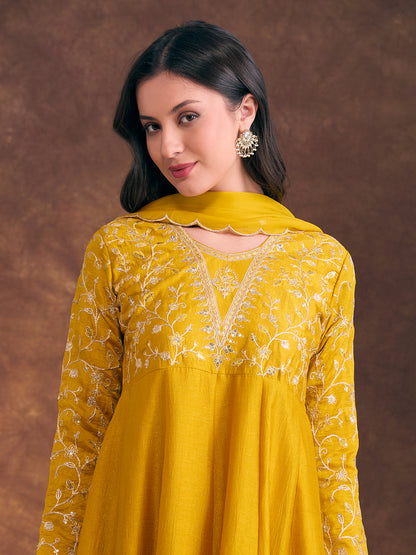 Solid Sequin Floral Embroidered Anarkali Kurta with Pant & Dupatta - Mustard