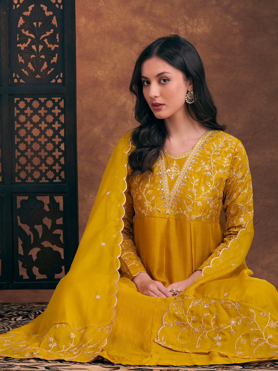 Solid Sequin Floral Embroidered Anarkali Kurta with Pant & Dupatta - Mustard