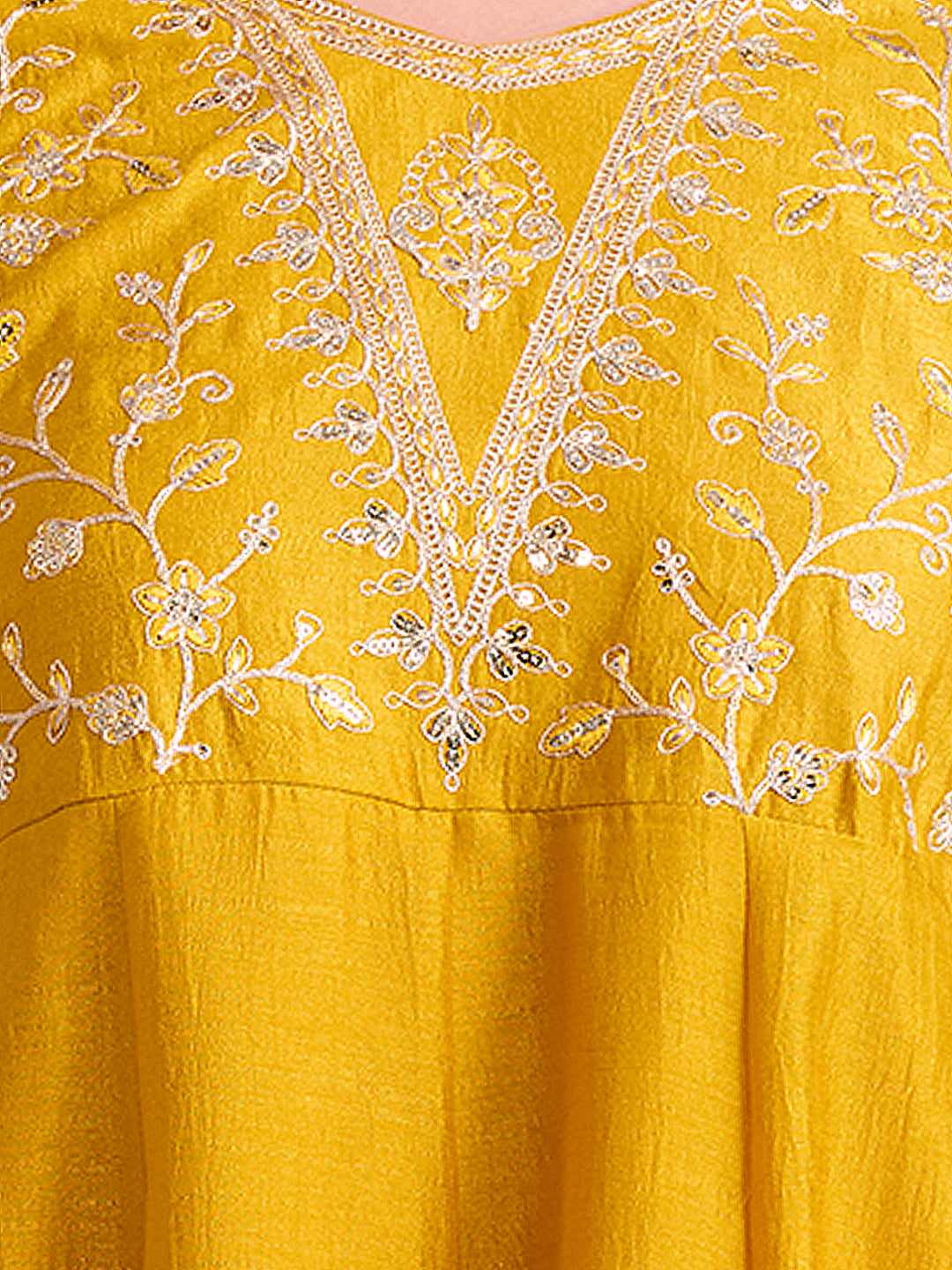 Solid Sequin Floral Embroidered Anarkali Kurta with Pant & Dupatta - Mustard