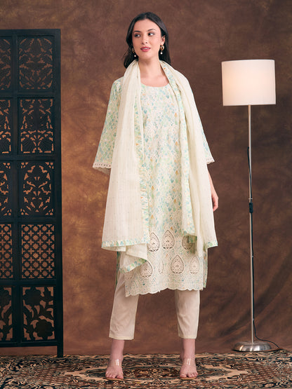 Ethnic Printed & Floral Embroidered Straight Fit Kurta with Pant and Dupatta - Light Green