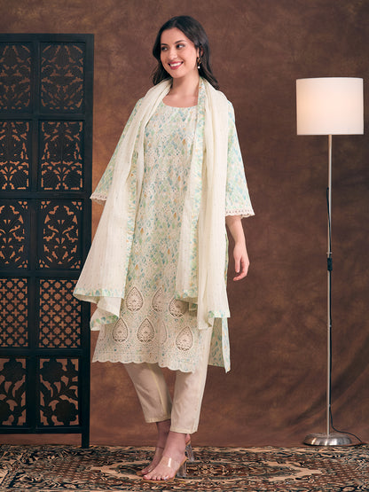 Ethnic Printed & Floral Embroidered Straight Fit Kurta with Pant and Dupatta - Light Green