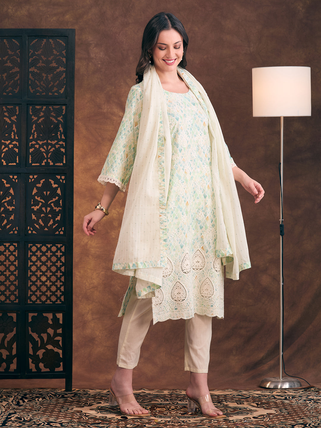 Ethnic Printed & Floral Embroidered Straight Fit Kurta with Pant and Dupatta - Light Green
