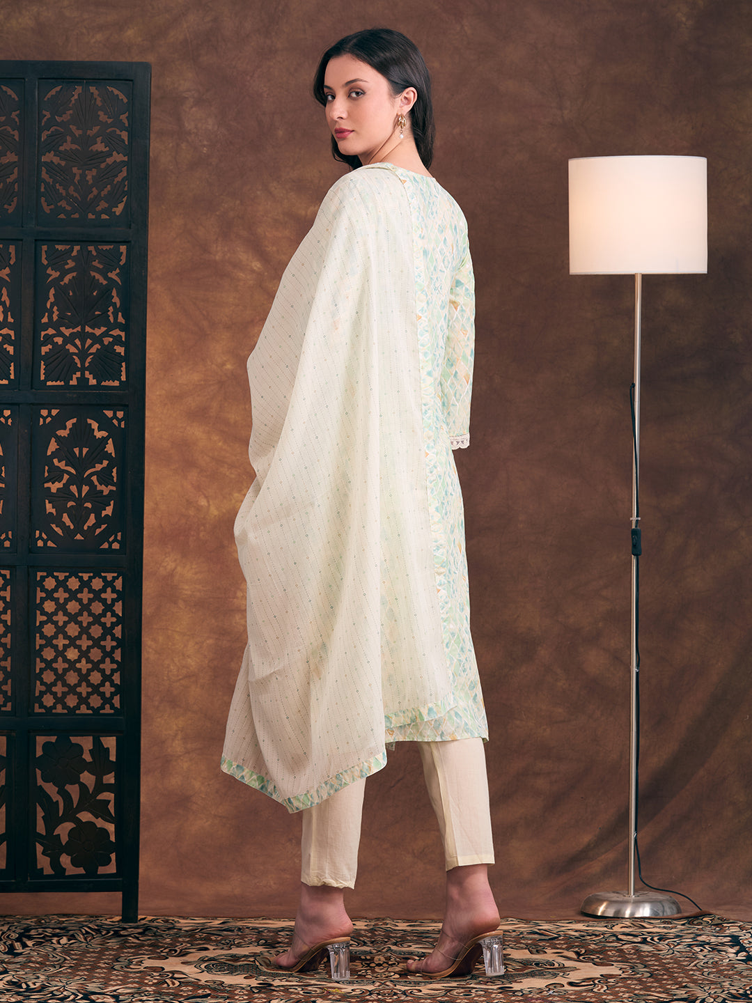 Ethnic Printed & Floral Embroidered Straight Fit Kurta with Pant and Dupatta - Light Green