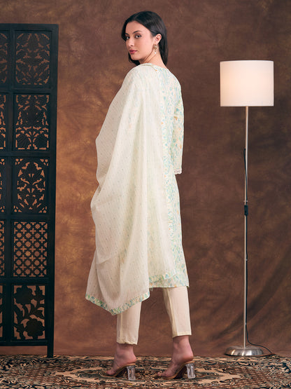 Ethnic Printed & Floral Embroidered Straight Fit Kurta with Pant and Dupatta - Light Green