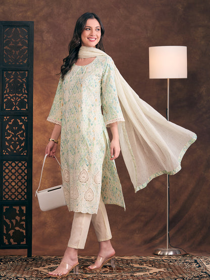 Ethnic Printed & Floral Embroidered Straight Fit Kurta with Pant and Dupatta - Light Green