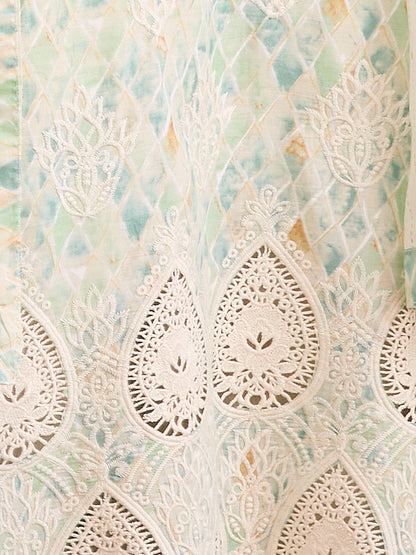 Ethnic Printed & Floral Embroidered Straight Fit Kurta with Pant and Dupatta - Light Green