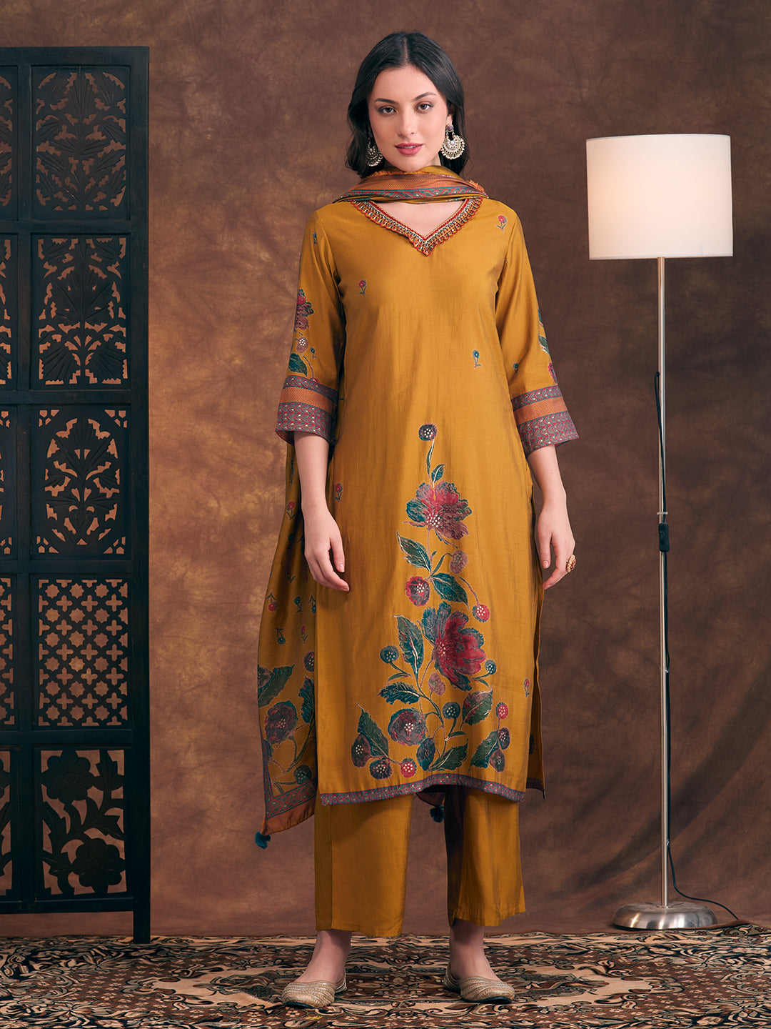 Abstract Floral Printed Embroidered Straight Fit Kurta with Palazzo and Dupatta - Mustard