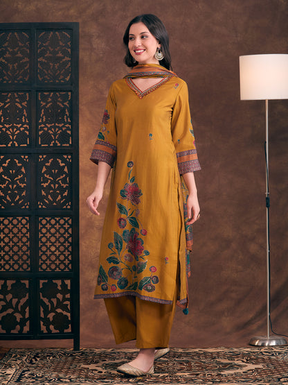 Abstract Floral Printed Embroidered Straight Fit Kurta with Palazzo and Dupatta - Mustard