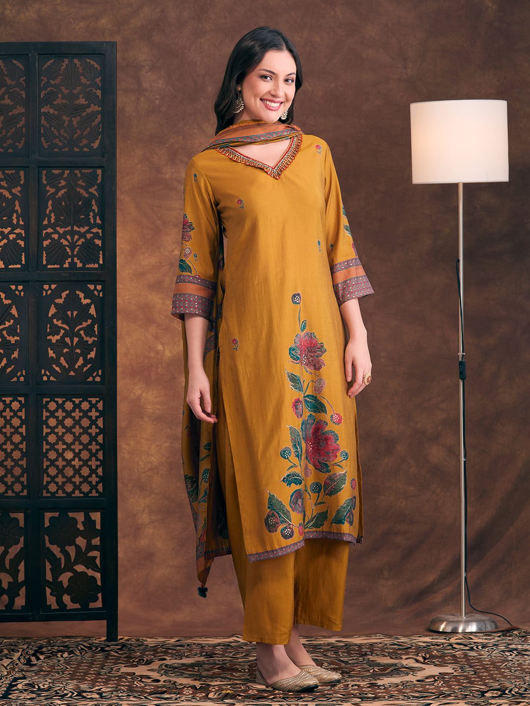 Abstract Floral Printed Embroidered Straight Fit Kurta with Palazzo and Dupatta - Mustard