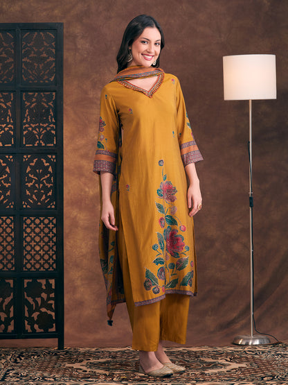 Abstract Floral Printed Embroidered Straight Fit Kurta with Palazzo and Dupatta - Mustard