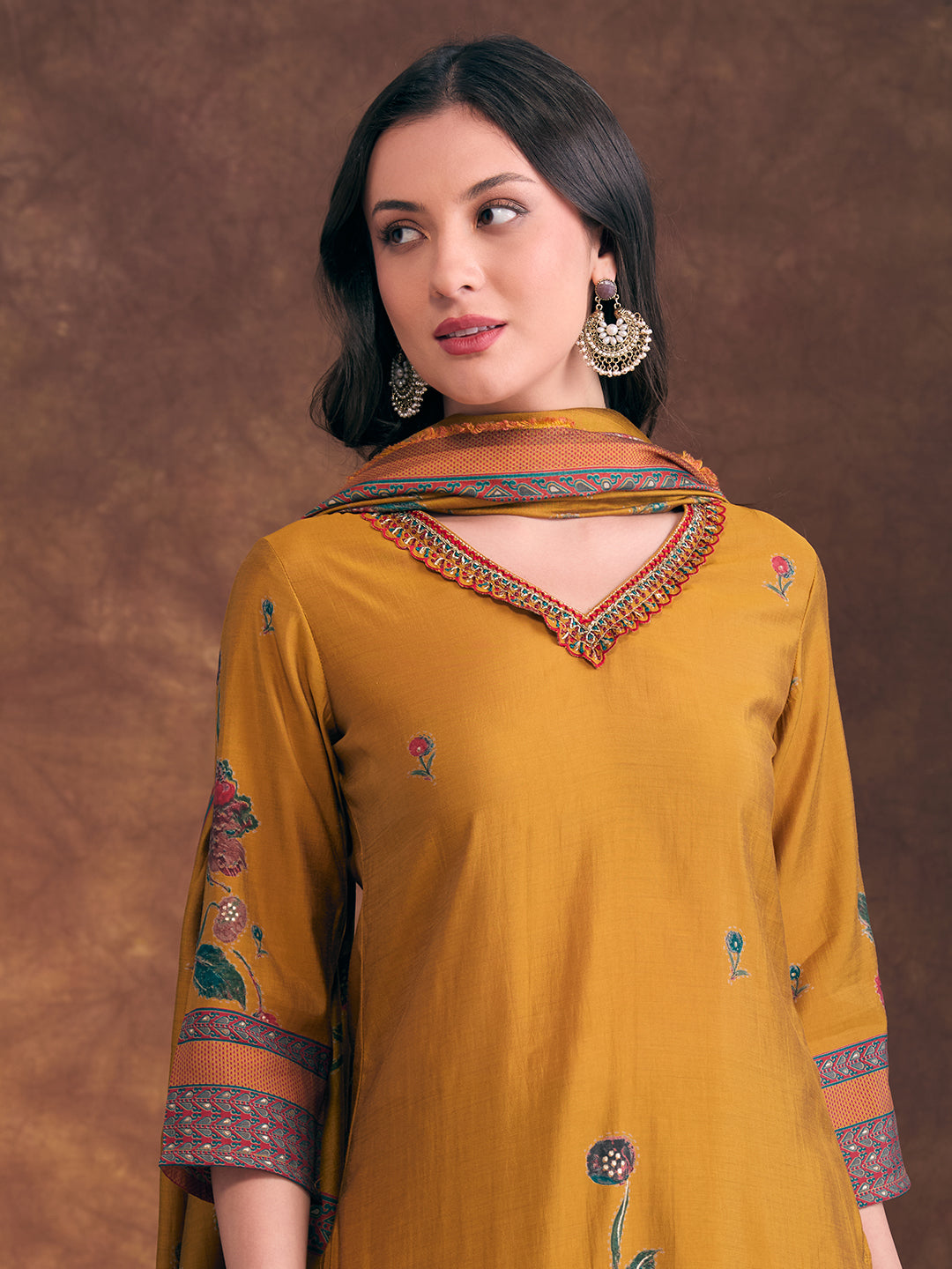Abstract Floral Printed Embroidered Straight Fit Kurta with Palazzo and Dupatta - Mustard
