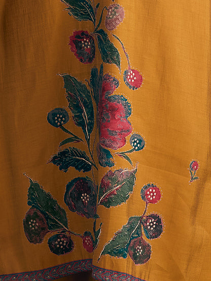 Abstract Floral Printed Embroidered Straight Fit Kurta with Palazzo and Dupatta - Mustard