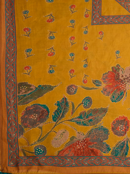 Abstract Floral Printed Embroidered Straight Fit Kurta with Palazzo and Dupatta - Mustard