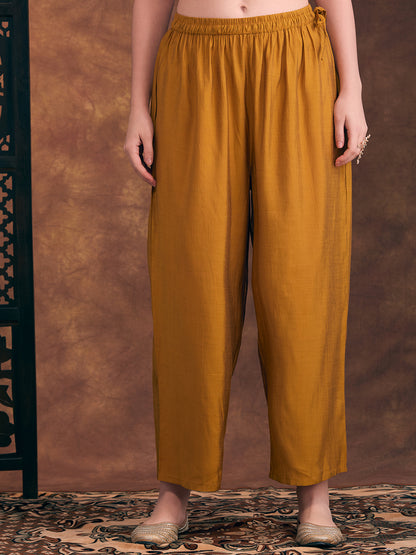 Abstract Floral Printed Embroidered Straight Fit Kurta with Palazzo and Dupatta - Mustard