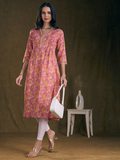 Ethnic Floral Printed A-Line Pin Tucked Kurta - Pink