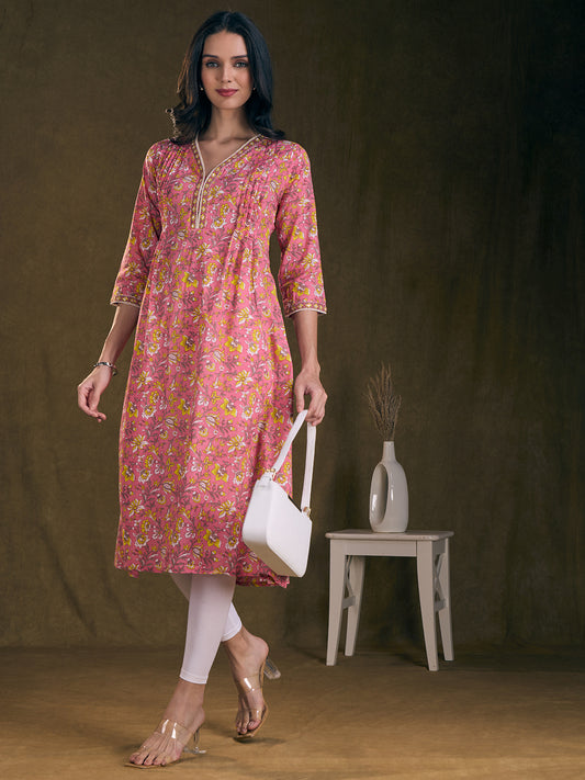 Ethnic Floral Printed A-Line Pin Tucked Kurta - Pink