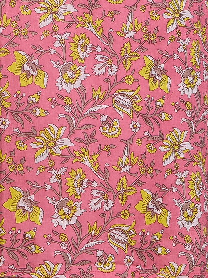 Ethnic Floral Printed A-Line Pin Tucked Kurta - Pink