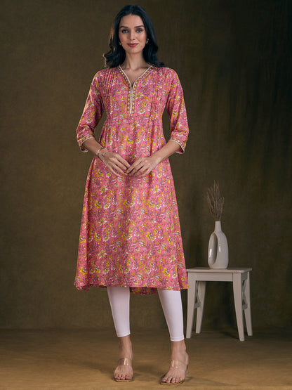 Ethnic Floral Printed A-Line Pin Tucked Kurta - Pink
