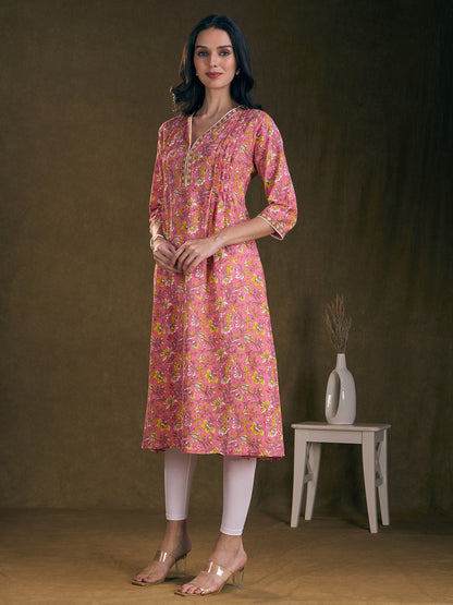 Ethnic Floral Printed A-Line Pin Tucked Kurta - Pink