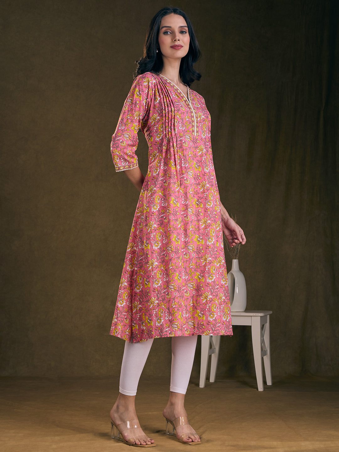 Ethnic Floral Printed A-Line Pin Tucked Kurta - Pink