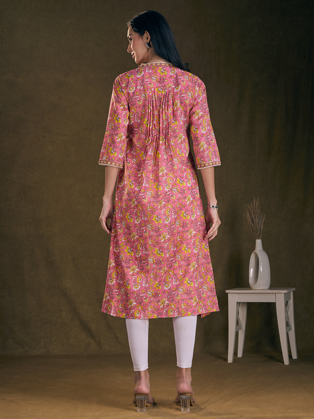 Ethnic Floral Printed A-Line Pin Tucked Kurta - Pink