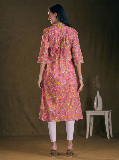 Ethnic Floral Printed A-Line Pin Tucked Kurta - Pink