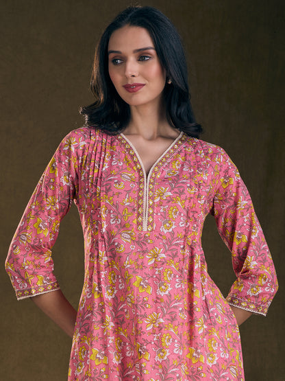 Ethnic Floral Printed A-Line Pin Tucked Kurta - Pink