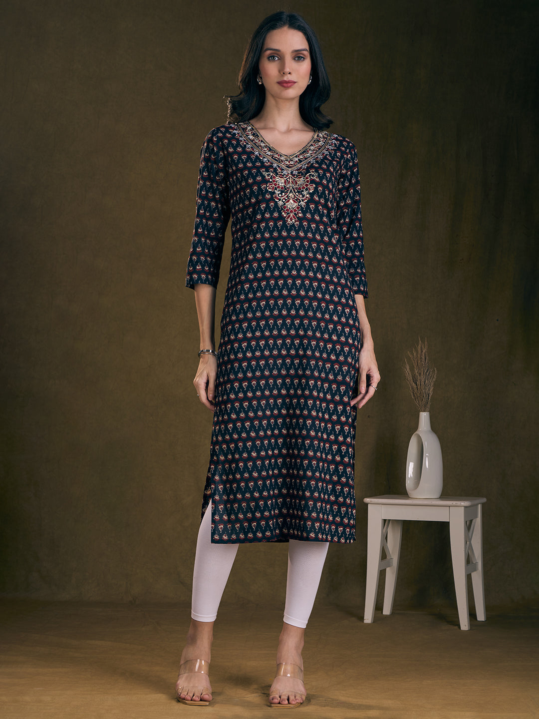 Ethnic Floral Printed & Embroidered A-Line Kurta - Black