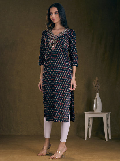 Ethnic Floral Printed & Embroidered A-Line Kurta - Black