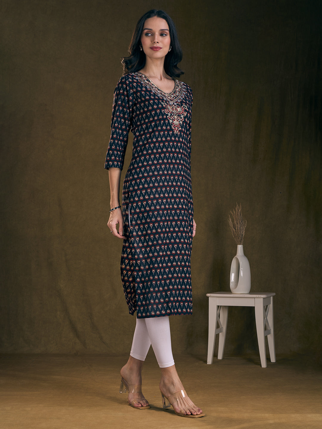 Ethnic Floral Printed & Embroidered A-Line Kurta - Black