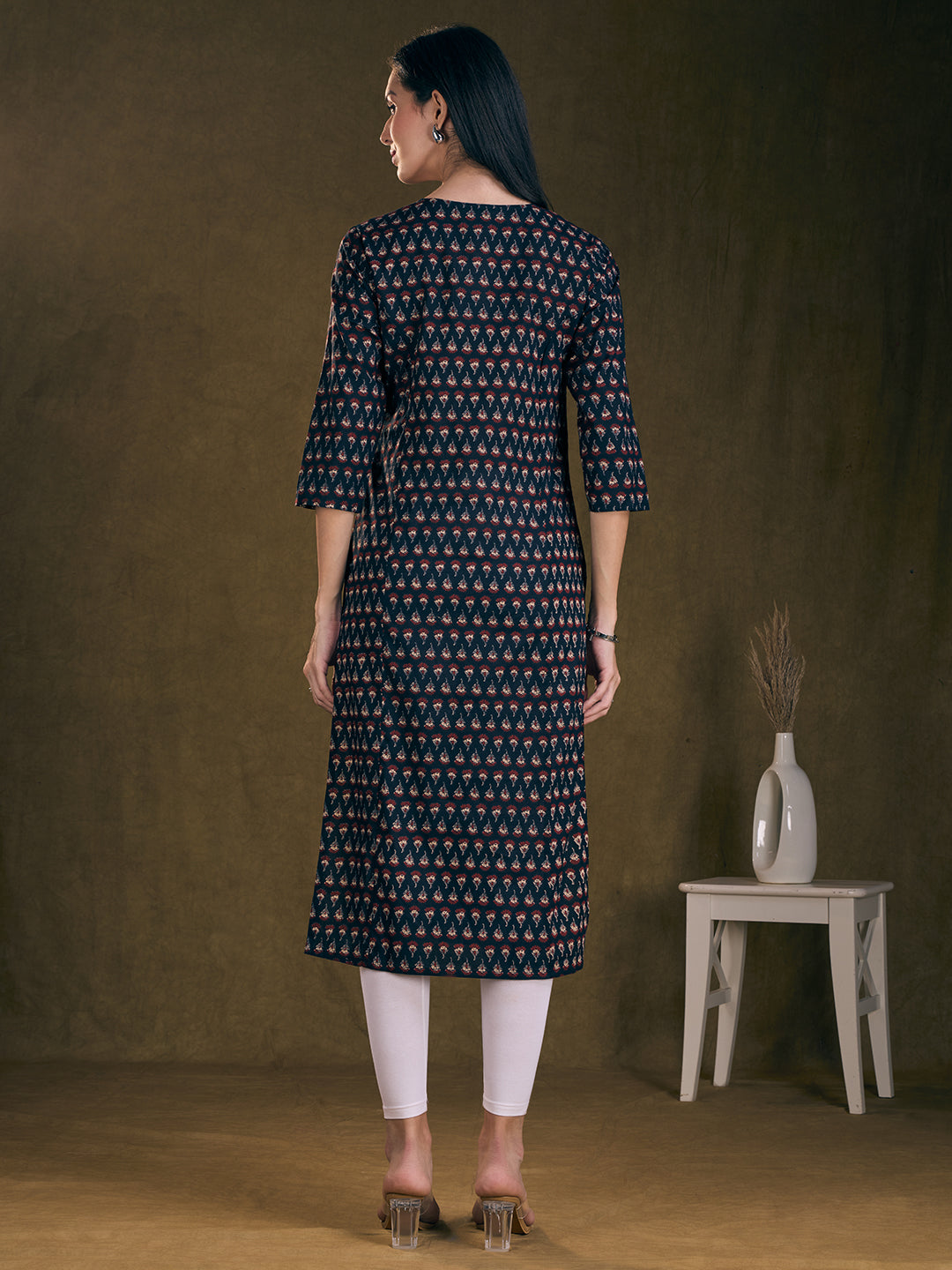 Ethnic Floral Printed & Embroidered A-Line Kurta - Black