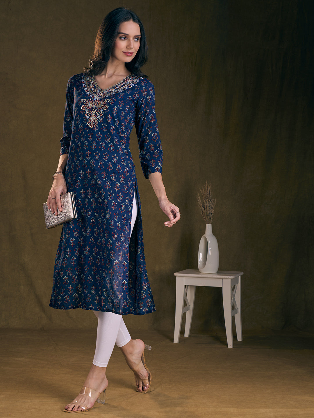 Ethnic Floral Printed & Embroidered A-Line Kurta - Blue
